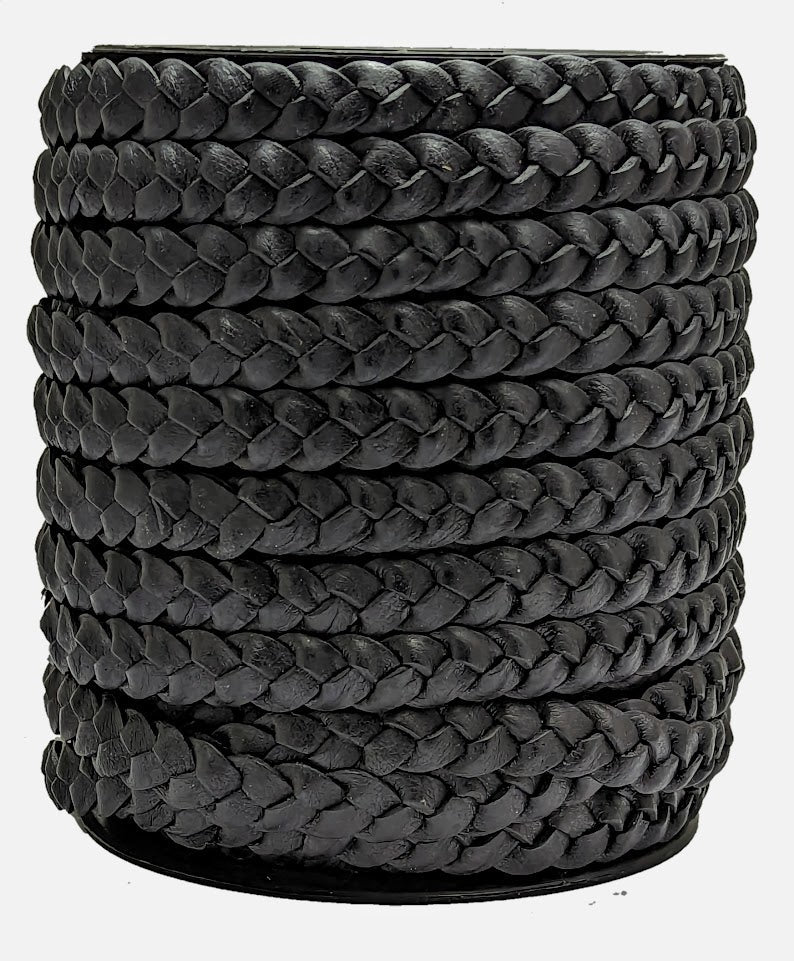 Black 10 mm wide flat braided leather cord