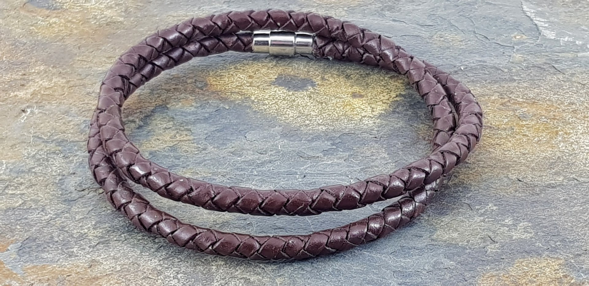 Double Leather Bracelet, Braided Dark Brown 5 mm