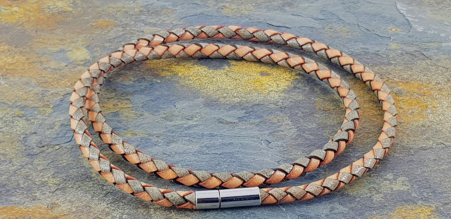 Double rap Leather Bracelet, Braided Grey & Tan 4 mm 