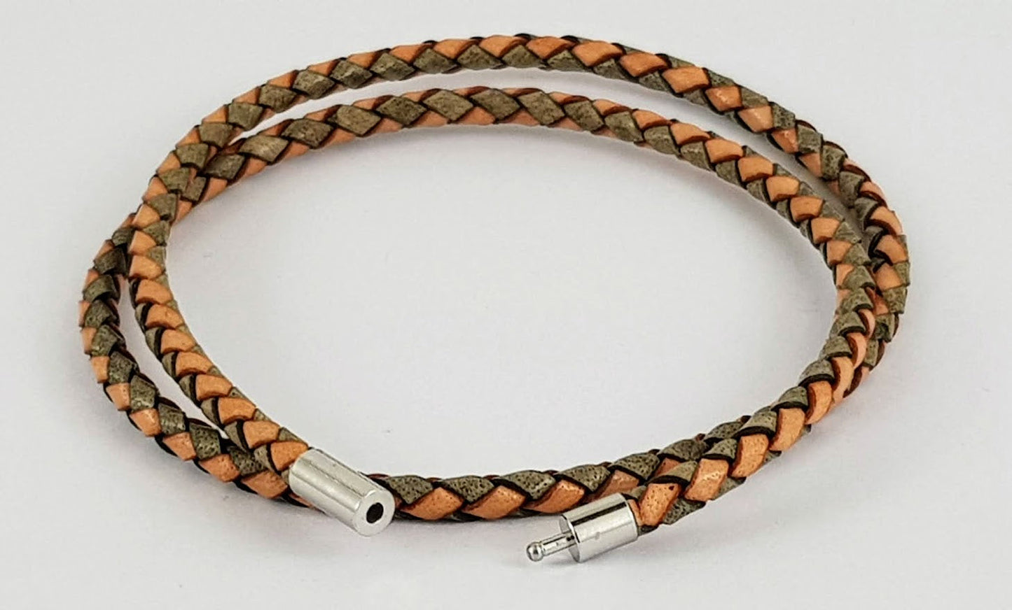 Double rap Leather Bracelet, Braided Grey & Tan 4 mm